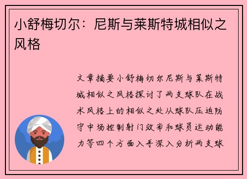 小舒梅切尔:尼斯与莱斯特城相似之风格